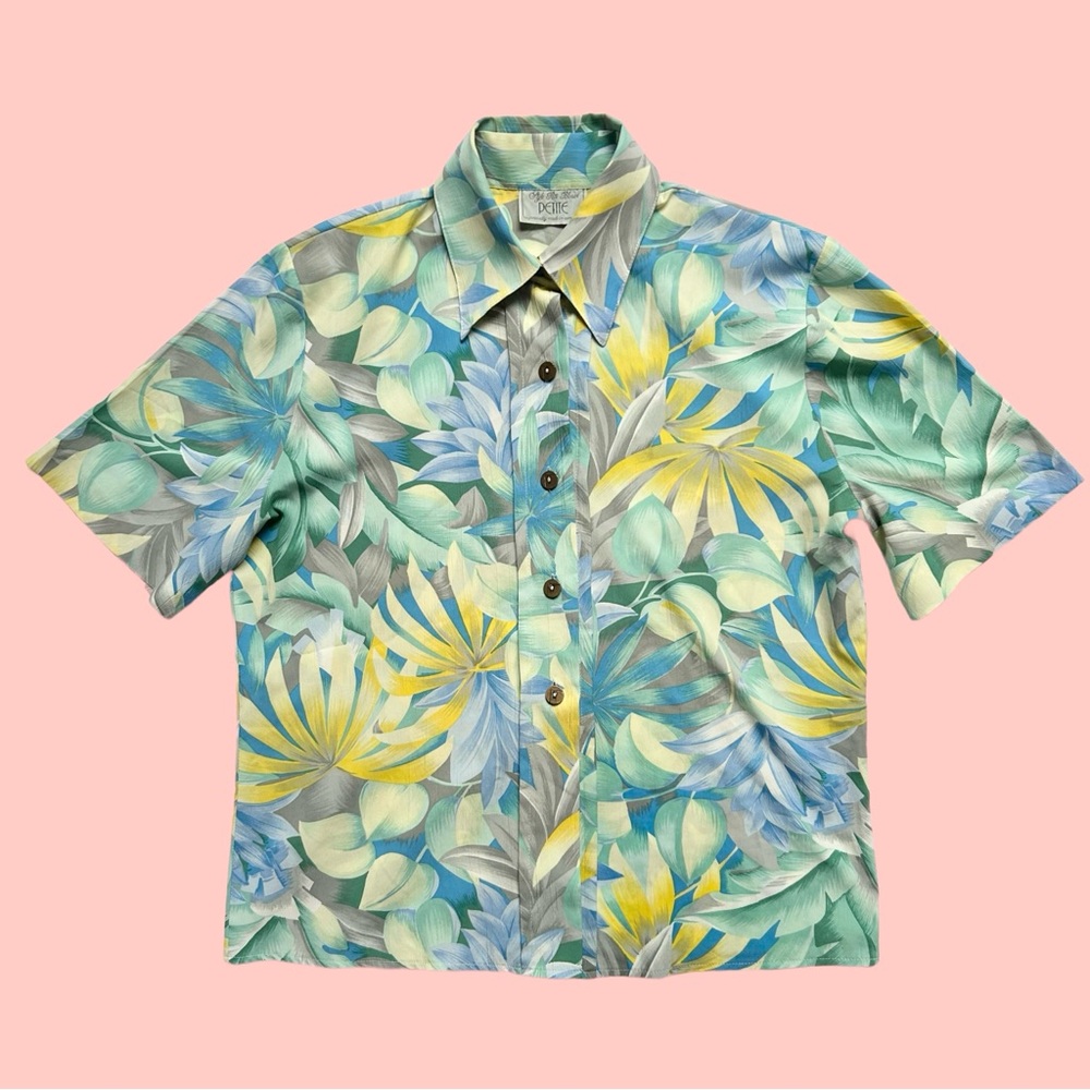 Vintage 90s Floral AOP Short Sleeve Blouse Blue Green Small
